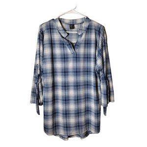 Lildy Top Womens Large Split Sleeve Tunic Vneck Plaid Tie Cuffs